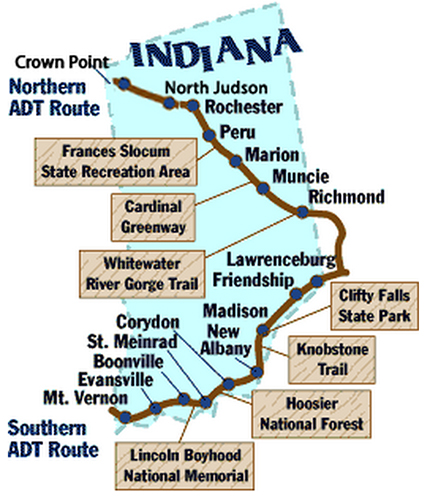 Indiana hosts both a Northern and a Southern ADT Route. | Image by American Discovery Trail Society, <a href="http://www.discoverytrail.org/">discoverytrail.org</a>.