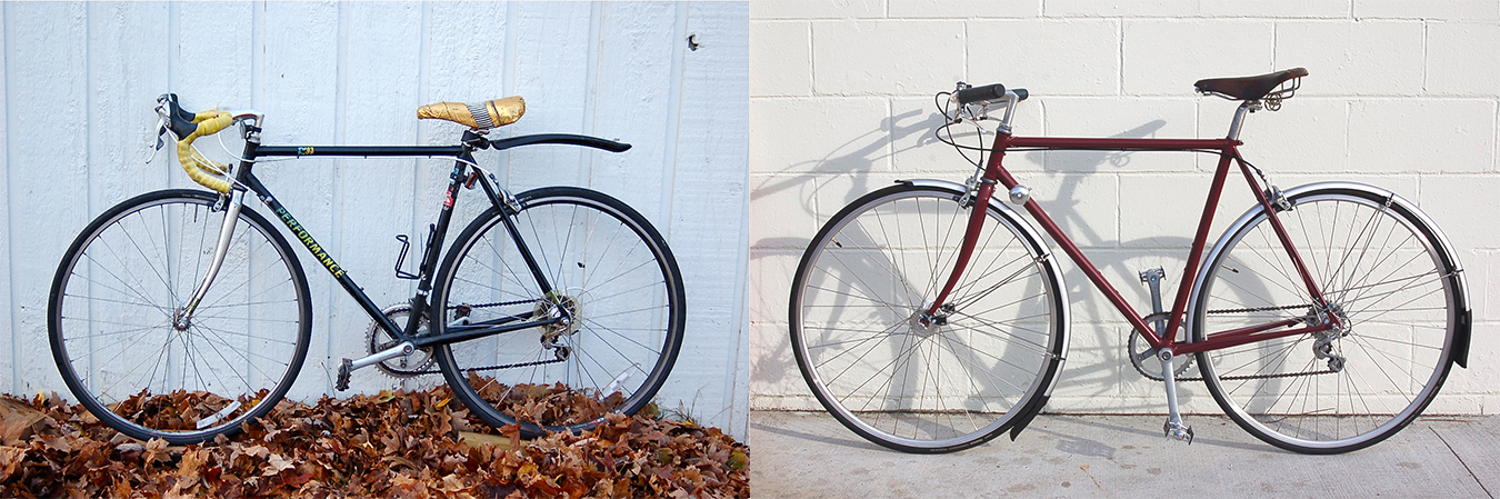 (left) Welsch's original steel-frame bike with drop handle bars, well-made but well-worn. (right) Welsch's rebuilt bike with new handlebars, bike seat, paint job, and more. | Photos by Samuel Sveen
