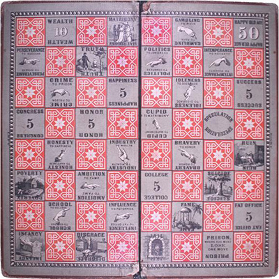 "The Checkered Game of Life" — which focused on worldly activities, such as attending college, marrying, and getting rich — was first produced in 1860. | <a href="http://tinyurl.com/jkxf7bb" target="_blank">Public domain</a>
