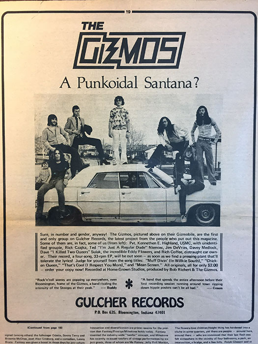 An ad for the Gizmos that appeared in Gulcher, "Bloomington's Musicpaper," in 1976. | Courtesy image
