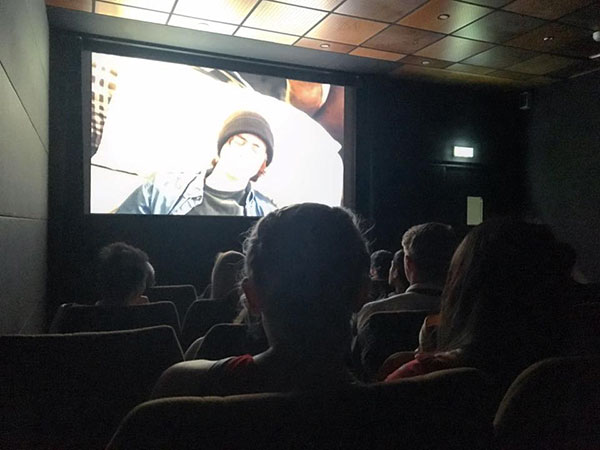 Jaeger's short film "Lost Dog" on the screen of a 34-seat theater during Cannes. | Photo by TJ Jaeger
