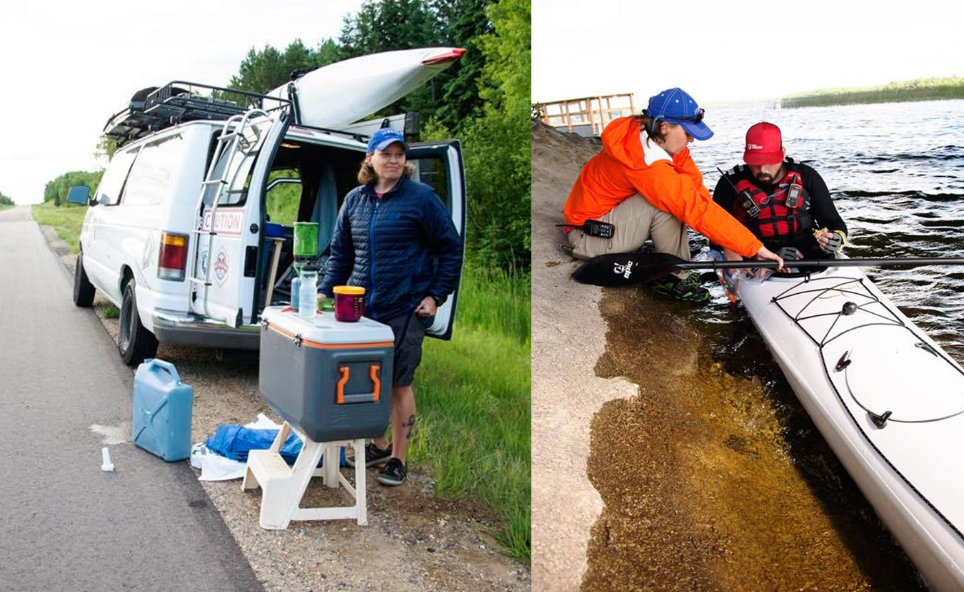 (left) Support-team member Traci Kroupa makes coffee on the roadside and (right) helps feed Waterford during one of his pit stops along the Mississippi River. | Courtesy photos