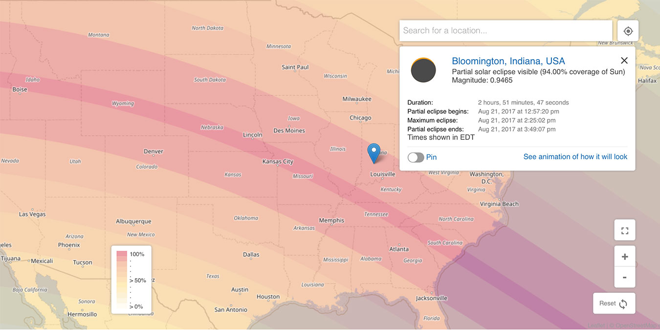 While a partial eclipse will be passing over Bloomington, the total eclipse’s path crosses nearby through our neighbors of Illinois and Kentucky. | Illustration courtesy of <a href="https://www.timeanddate.com/eclipse/map/2017-august-21?n=105" target="_blank">timeanddate.com</a>
