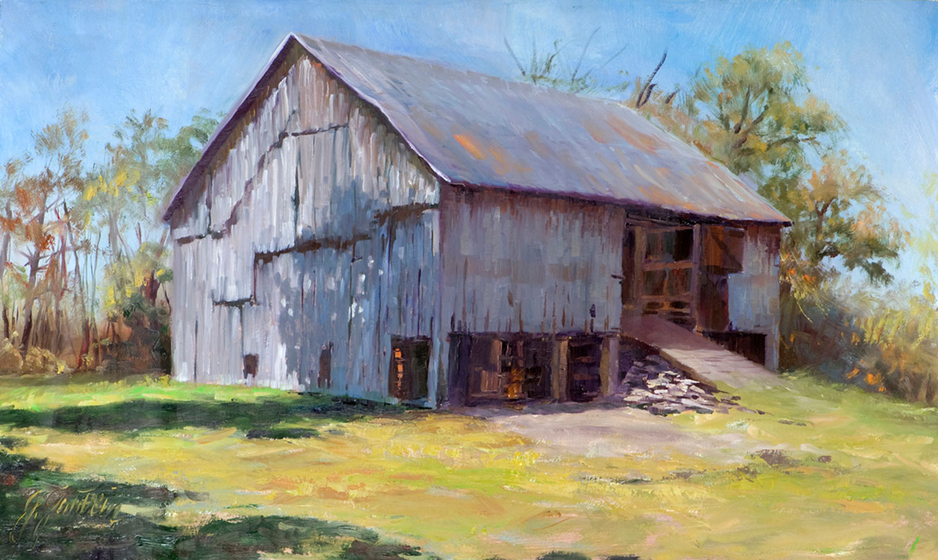 A plein air painting by Gwen Gutwein, titled "Allensville Hay Press Barn, Switzerland County," was completed on location. | Image courtesy of Gwen Gutwein