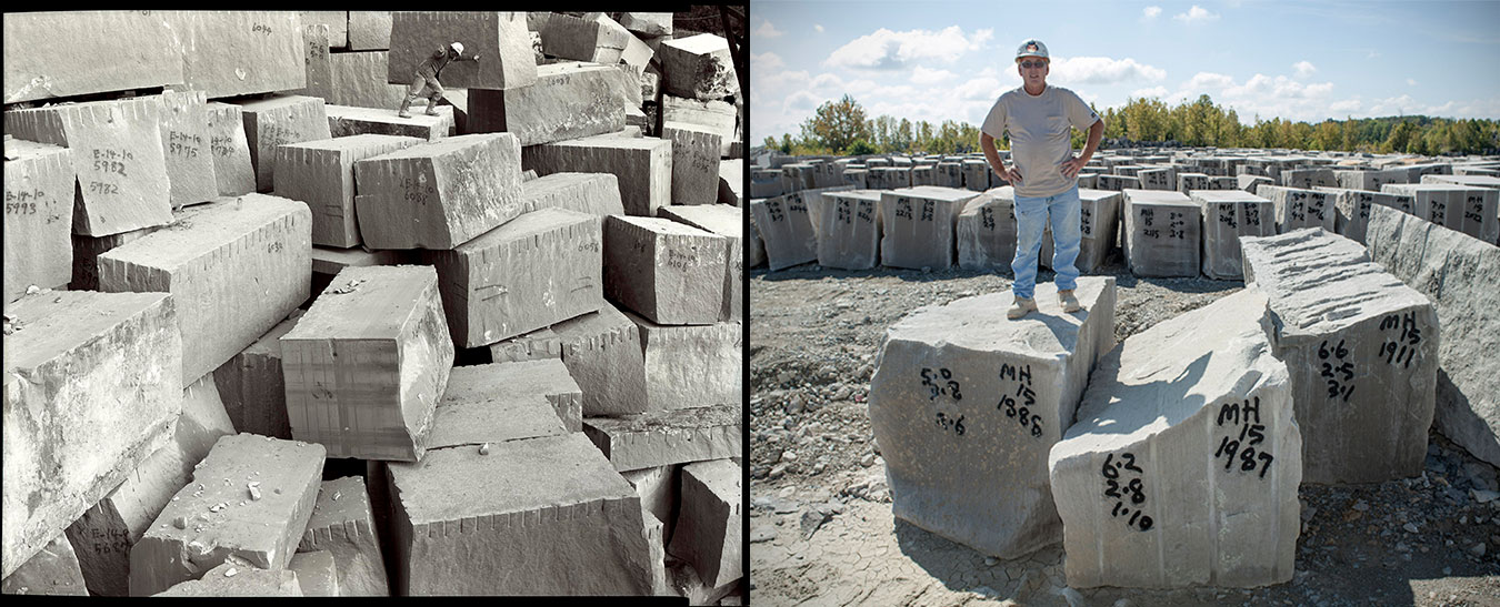 Blockmarker Larry Anderson of B.G. Hoadley Quarries in 1983 (left) and on his last day before retiring in 2015 (right). | Photos by Jeffrey Wolin