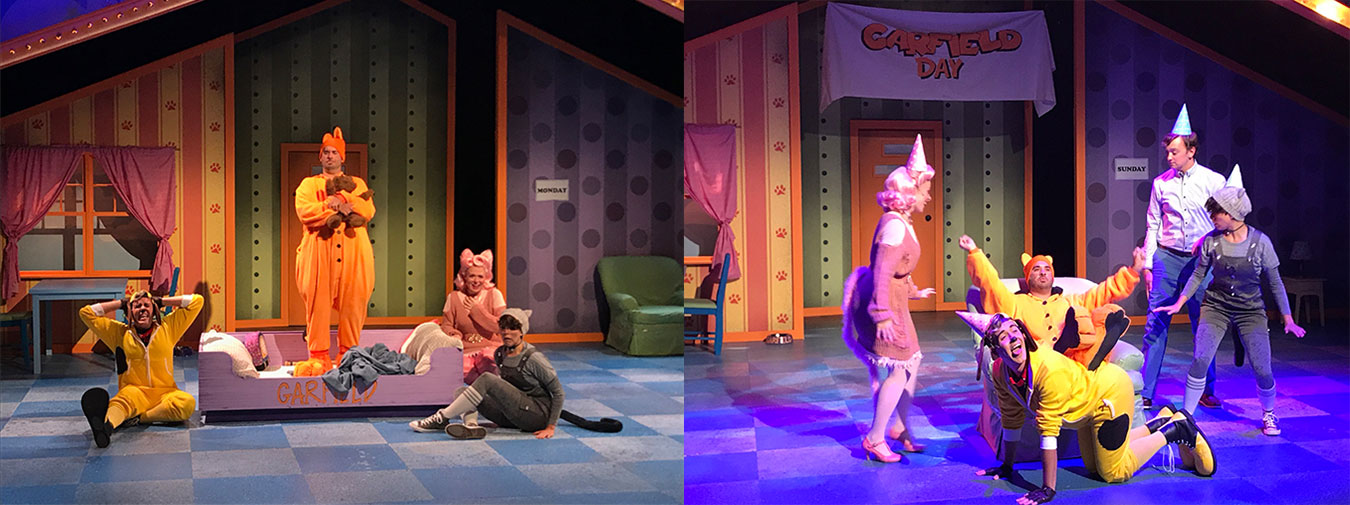 (left) Actor Jason Slattery makes his Cardinal Stage Company debut as Garfield. (right) 'Garfield' brings to life, from left to right, Arlene (Ashley Dillard), Garfield (Jason Slattery), Odie (Chris Krenning), Jon (Reid Henderson), and Nermal (Anna Butler). 