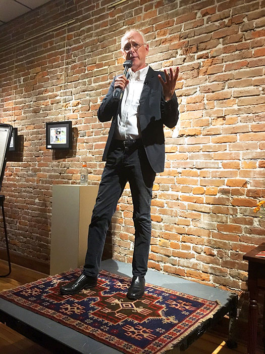 Pulitzer Prize-winning cartoonist and Bloomington expat Joel Pett returned to his hometown recently for a gallery show — and a stand-up gig at Thomas Gallery. | Photo by Devta Kidd