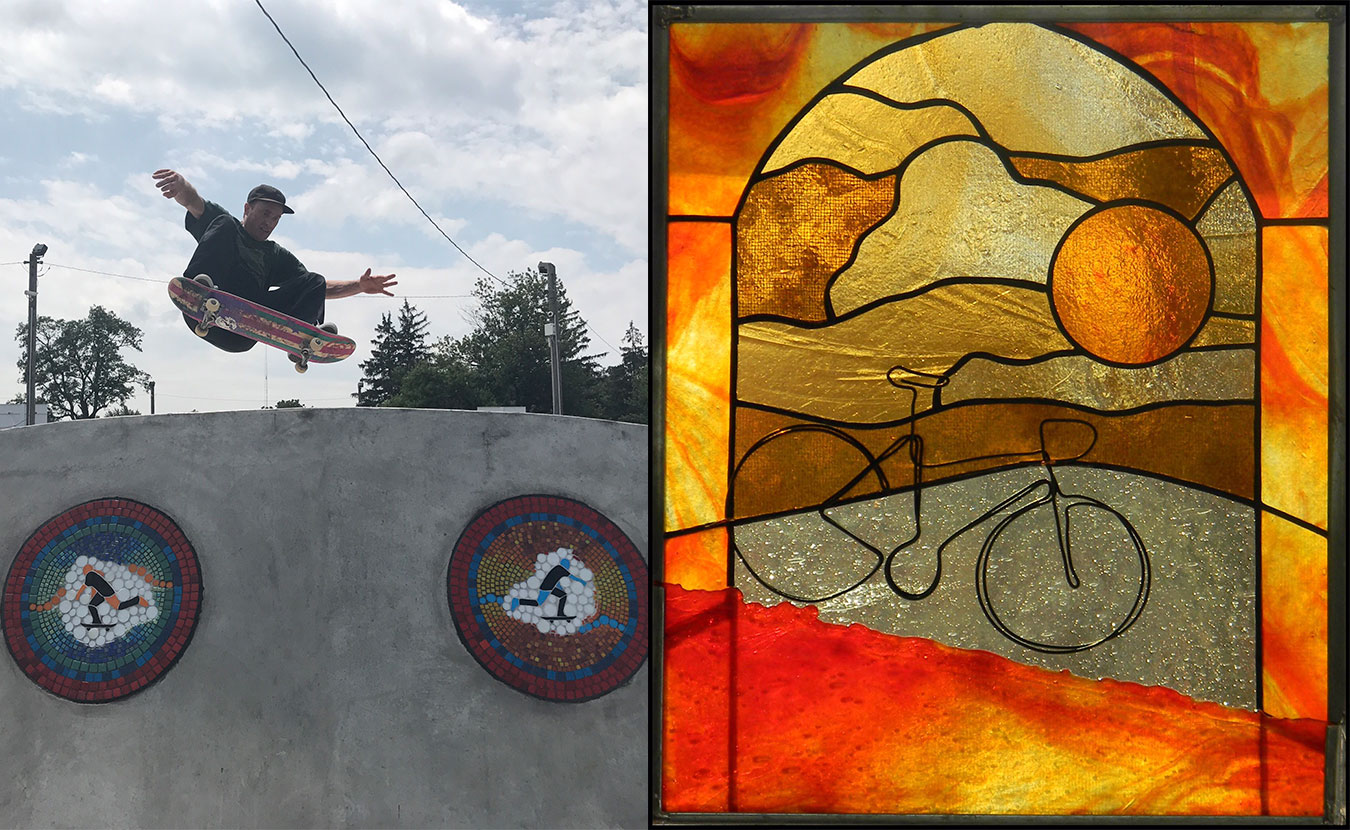 Christy Wiesenhahn designs mosaics for the skateparks her company designs and builds (left). A piece from her Stained Glass and Wire Bikes series. | Photos courtesy of Christy Wiesenhahn