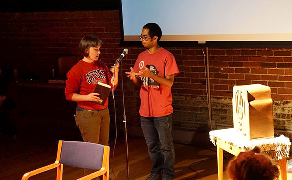 Co-producer Aubrey Seader, left, chats with storyteller Willy Palomo during a tech rehearsal of the first event of the series, Immigrants, Refugees, and Asylum Seekers. | Courtesy photo