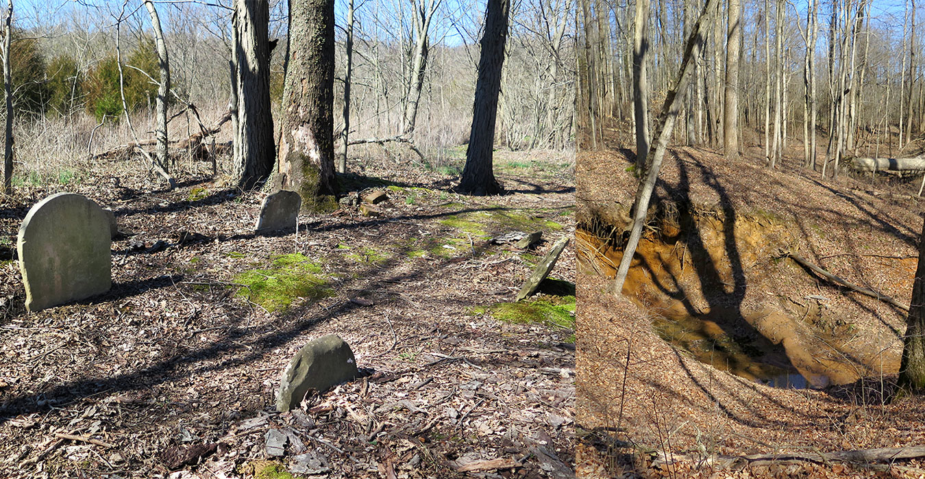 Porter West is home to a pre-1900 cemetery and plenty of sinkholes. The inscription on the large tombstone (left) is for Jean Zinck, who died in 1820, “Aged 60,” and the larger one on the right for “Elesabeth Zink,” born 1776, died 1818. Inscriptions on the smaller tombstone could not be read. | Limestone Post