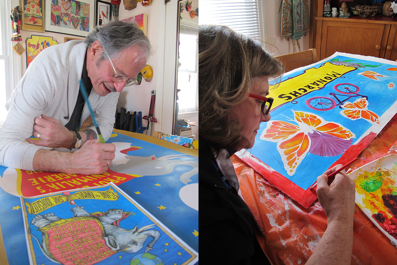 Joe, left, and Bess paint some of the posters for their Animalia exhibition in their dining room studio. Their house, filled with paintings, folk art, masks, and customized furniture, is on the cusp of Bryan Park. | Photo by Claude Cookman