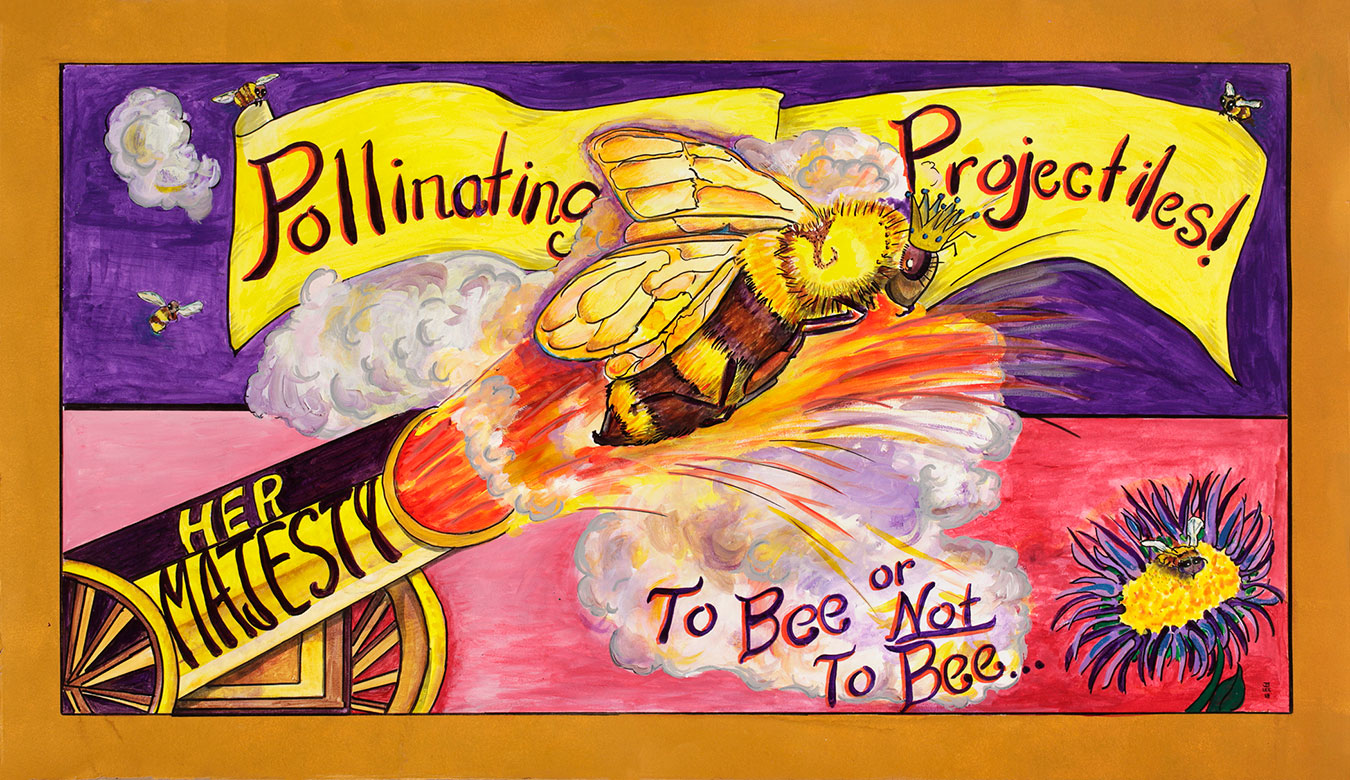 "Pollinating Projectiles!, To Bee or Not To Bee" is one of many paintings in Joe and Bess Bohon Lee's exhibition, Professor Animalia’s Menagerie of Struggling Species. The show will take place throughout the month of April at Blueline Gallery. | Courtesy image