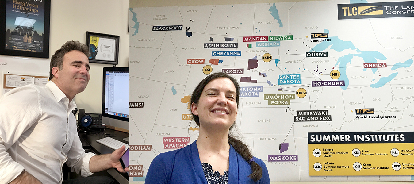 Mitch Teplitsky, left, TLC’s public relations and communications director, at his desk and Rebecca Mueller, TLC's events coordinator, with a map of the organization's Summer Institute programs. | Courtesy photos