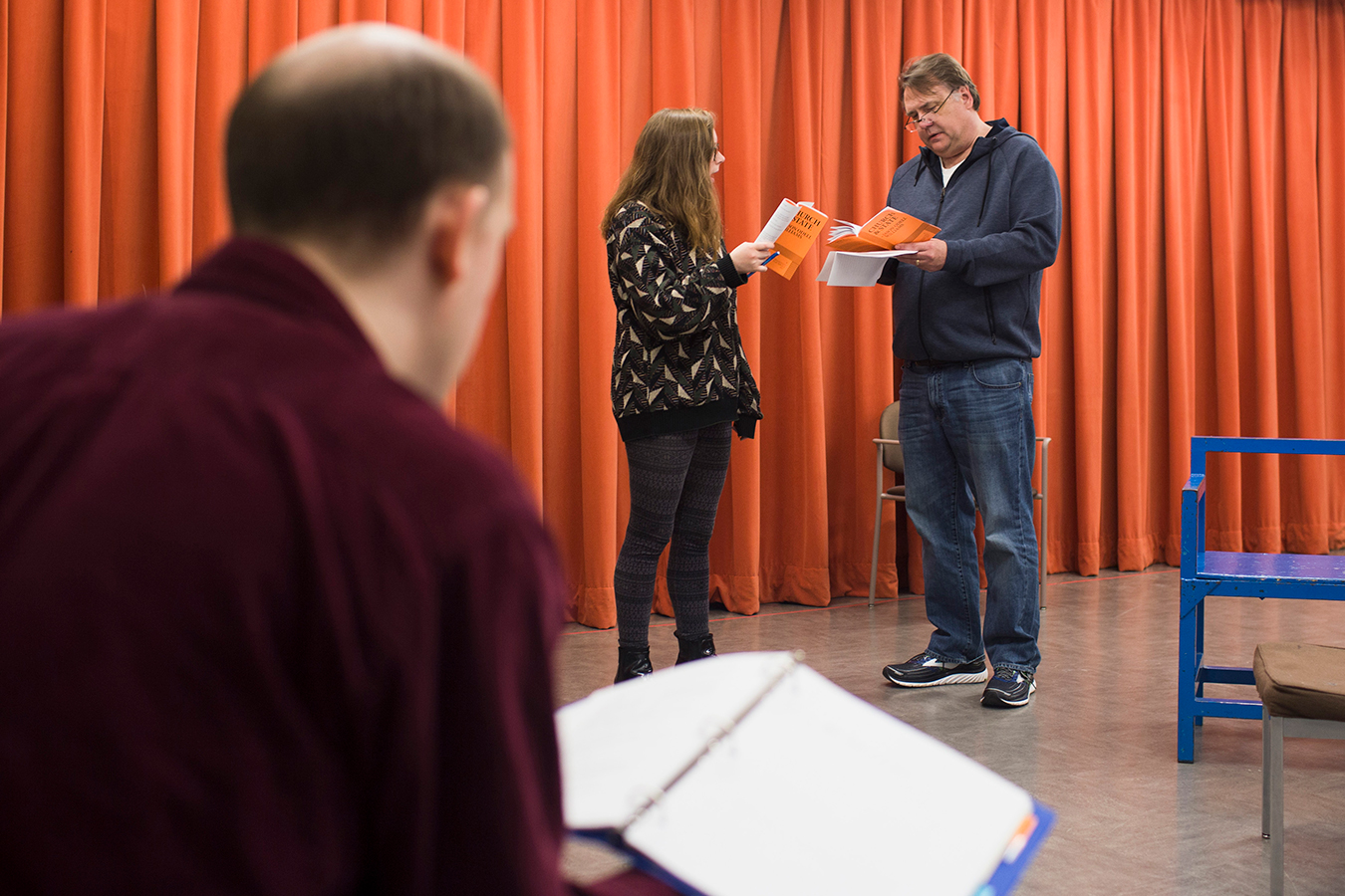 Cunningham and Hunt work through a scene as Castellan looks on. | Photo by Chaz Mottinger