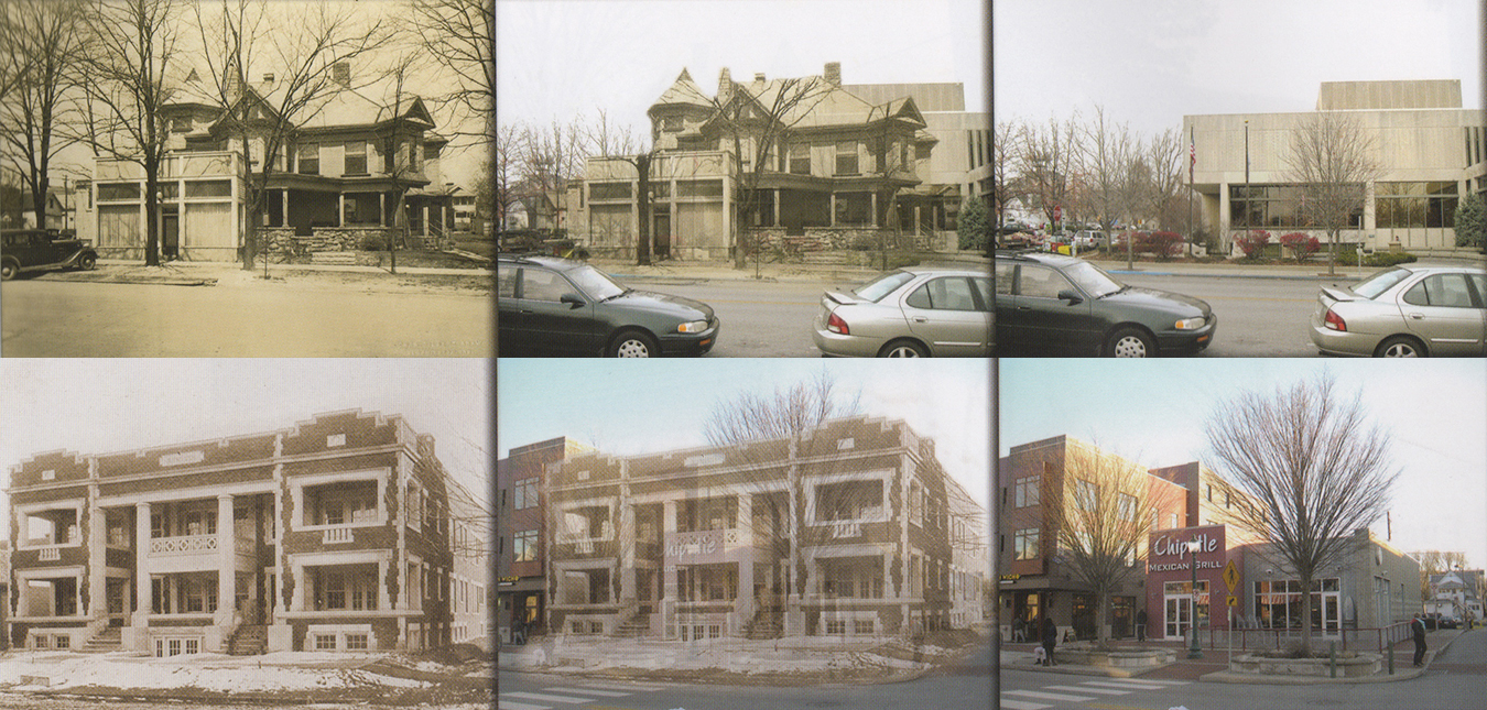 Richey assembled these photos for his book “Bloomington: Then & Now.” According to the book, a block of residential homes (top) was razed on Kirkwood around the late 1960s to make way for the Monroe County Public Library. (bottom) The Arbutus Flats once stood where Chipotle is today.