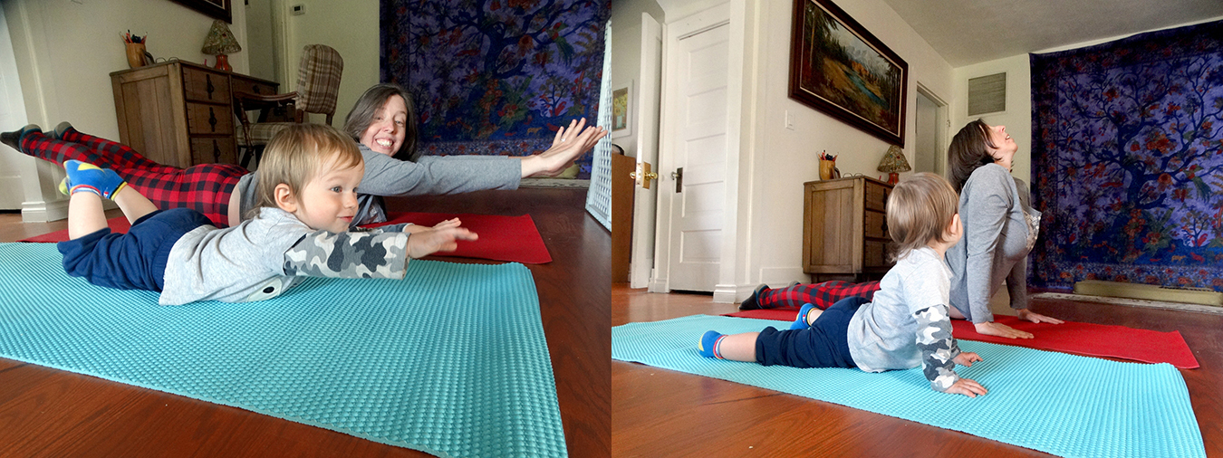 Katie Posey does "silly yoga" with her son. | Photo by Jared Posey