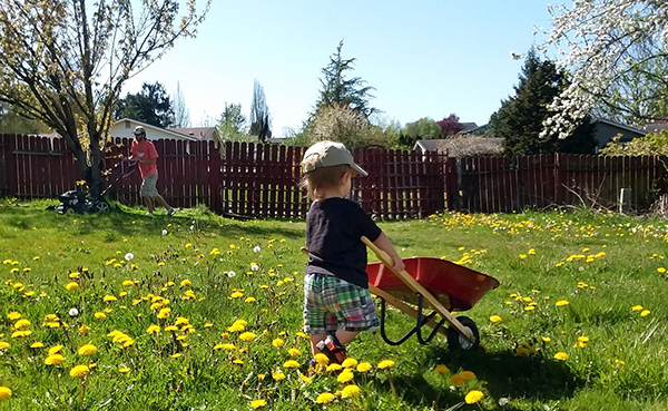 Posey cuts the lawn while his son plays in the yard. | Photo by Katie Posey