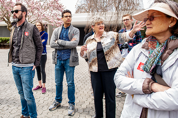 Shirley Bozell, center, leads a tour group at the Miller House. | Photo by Adam Reynolds