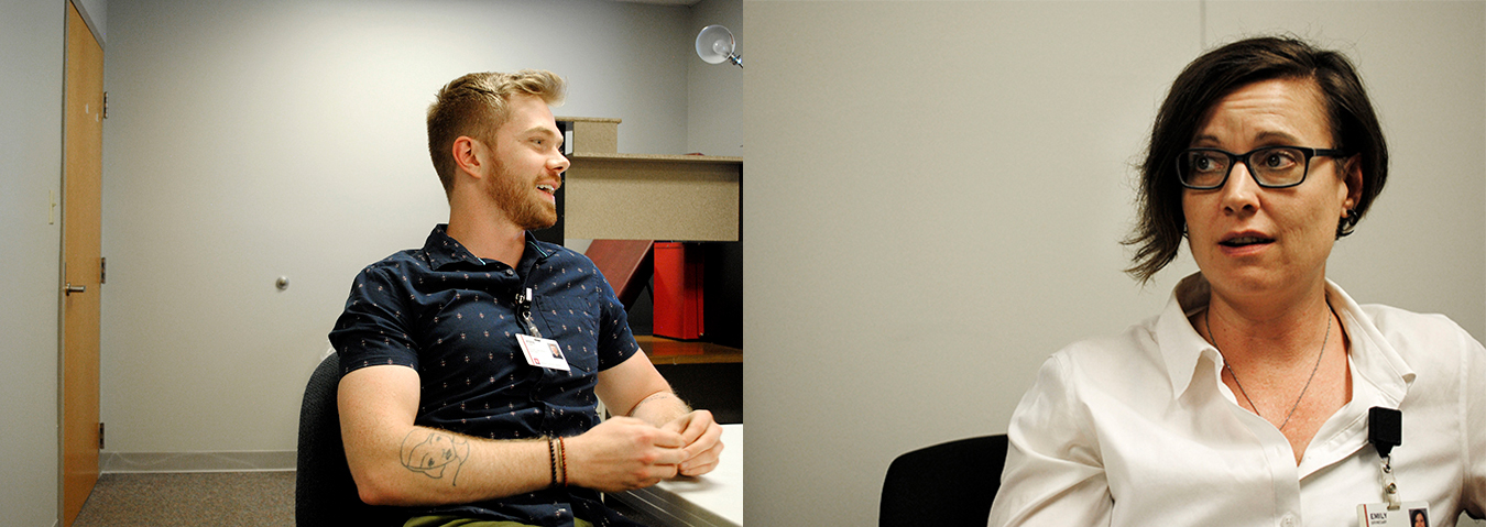(left) PrEP Navigator Jesse Elkins sits in a conference room at Positive Link. It is Elkins's primary responsibility to assist clients with the ins and outs insurance coverage, ensuring each patient receives the proper amount of assistance from their healthcare provider. (right) Emily Brinegar is Positive Link’s prevention coordinator, whose job it is to create ways to spread awareness of HIV transmission, as well as to educate on preventive measures that can be taken by those at risk of contracting the disease. | Photos by Nicole McPheeters