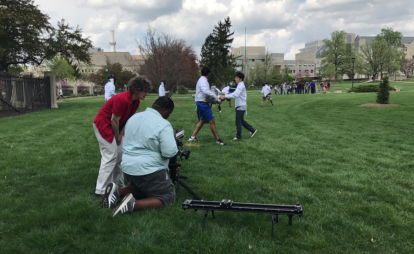 WTIU producers Susanne Schwibs (left) and Justin Crossley work on a shot for their documentary, "Beautiful by Design: Indiana University Bloomington Campus." | Courtesy photo