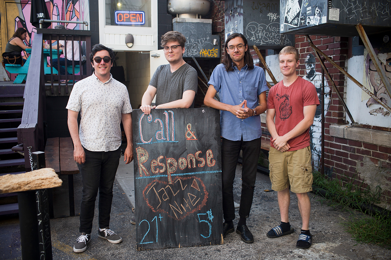 With Bloomington’s jazz pedigree, it’s fitting that one of the hottest acts in town is a jazz band. On Wednesday nights at Blockhouse Bar, the Call & Response House Band, pictured here, features local and national jazz artists. (l-r) Barclay Moffitt, tenor sax, Philip Wailes, bass, Ben Lumsdaine, drums, and Evan Main, piano. | Photo by Chaz Mottinger