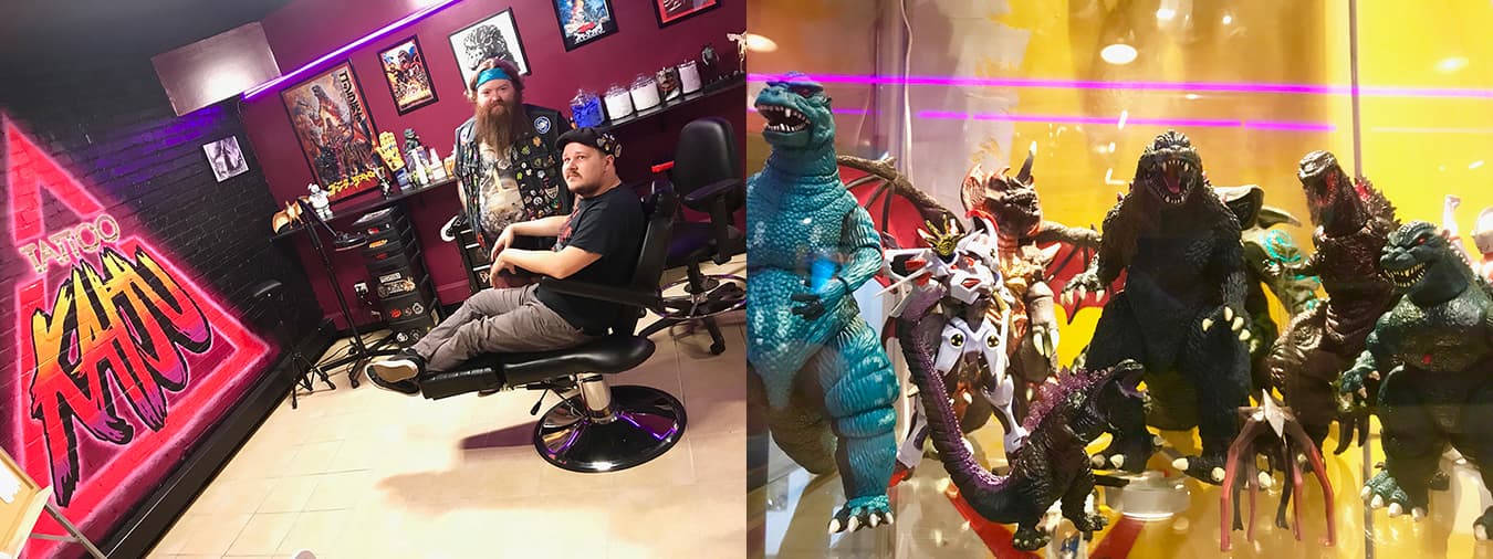 (left) McVillain stands next to Aldridge in the Tattoo KAIJU one-chair tattoo shop. (right) Display cases throughout the space overflow with monsters and action figures. | Photos by Samuel Welsch Sveen