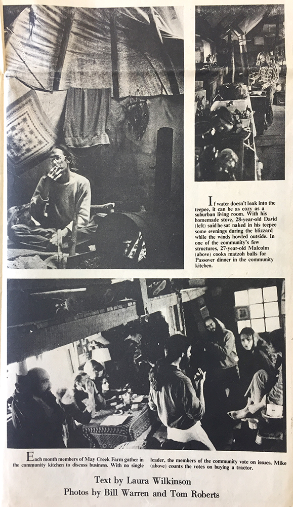 In the 1970s, several publications — from "The Herald-Times" to the "South Central Topics" to "The Courier-Journal & Times Magazine" — reported on “communes” in the area, such as this 1978 photo spread about May Creek Farm in the "Indiana Daily Student." <a href="https://www.limestonepostmagazine.com/wp-content/uploads/2018/07/May-Creek_IDS-spread.jpg" target="_blank" rel="noopener">Click here to see the entire spread</a> and <a href="https://www.limestonepostmagazine.com/wp-content/uploads/2018/07/May-Creek-IDS-text.jpg" target="_blank" rel="noopener">click here to read the IDS's story.</a>