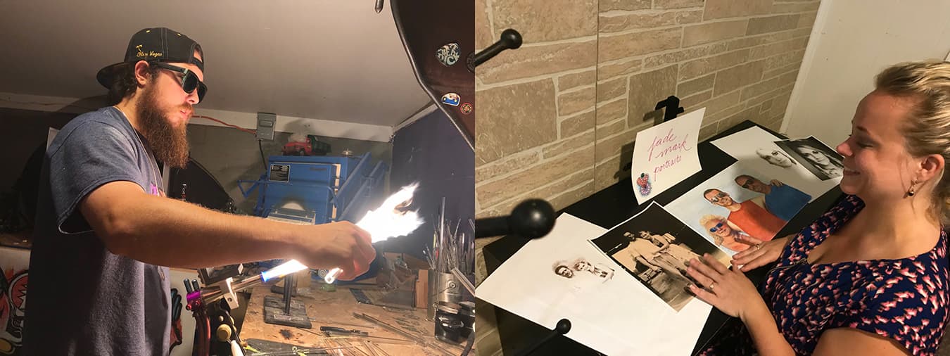 (left) Glass artist "Rowdy" carefully torches, twists, and blows glass into colorful designs. (right) Artist Jade Council translates photos new and old into commemorative, hand-drawn portraits. | Photos by Samuel Welsch Sveen