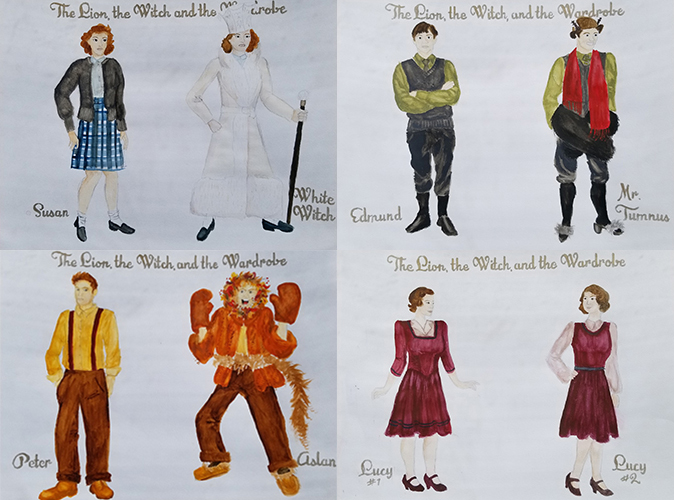 Cardinal Stage's production of 'The Lion, The Witch, and The Wardrobe' transforms a small cast into the magical creatures of Narnia using everyday objects. | Sketches by Kayla Cieslinski, costume designer