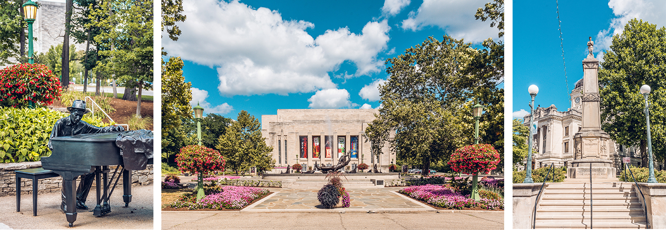 (left to right) The Hoagy Carmichael statue by IU Cinema, Showalter Plaza and IU Auditorium, and the Alexander Memorial monument on the Monroe County Courthouse lawn. | Photos by Francis Shok Mweze
