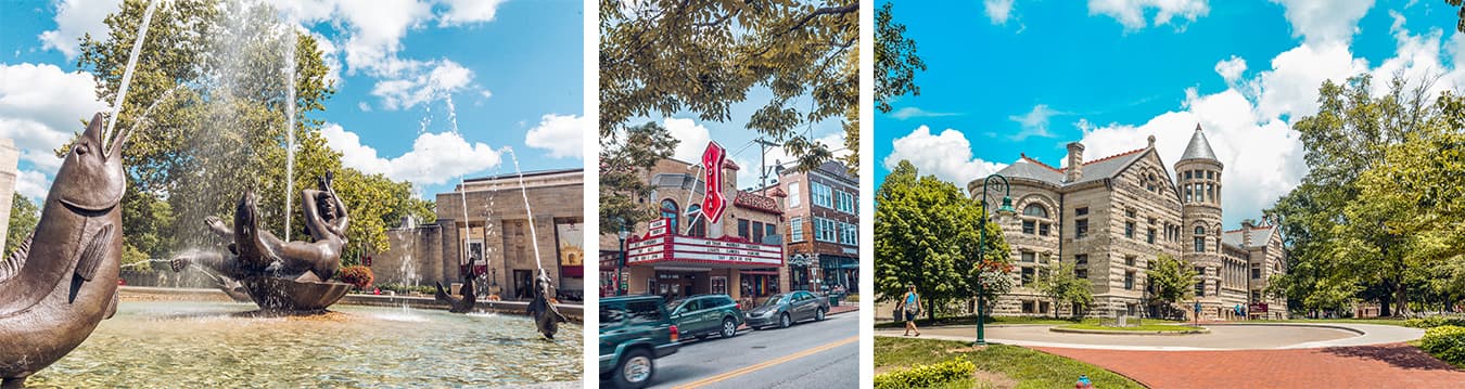 (left to right) Showalter Fountain on the IU campus, Buskirk-Chumley Theater on Kirkwood Avenue, and IU’s Maxwell Hall | Photos by Francis Shok Mweze