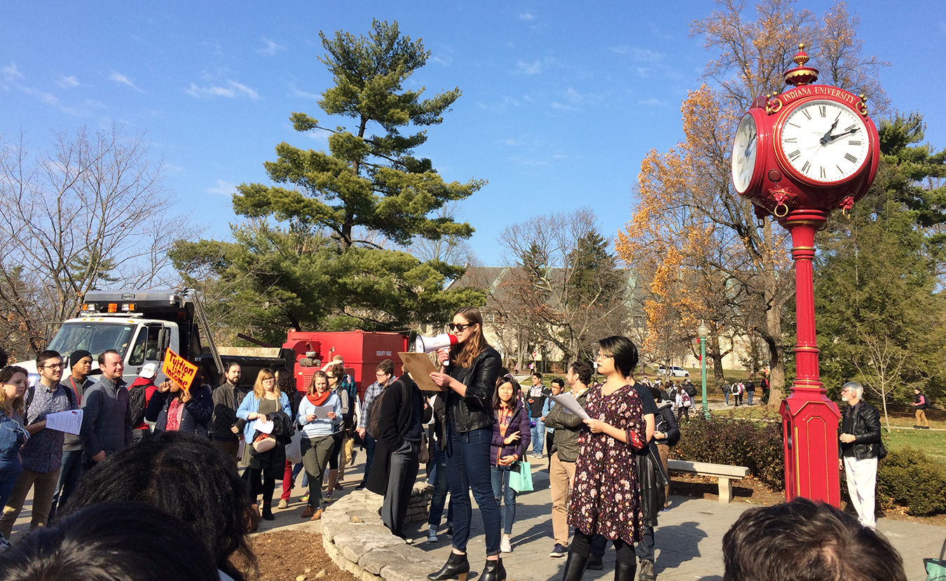 Indiana University graduate students protest the federal proposal to tax their tuition remission as income in spring 2017. | Photo by Alexandria Hollett