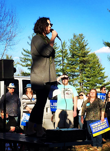 Hollett performs “Blessed Are The Persecuted: An Open Letter To The Indiana Legislature” at a protest of the passage of the Religious Freedom Restoration Act in 2015. | Courtesy photo