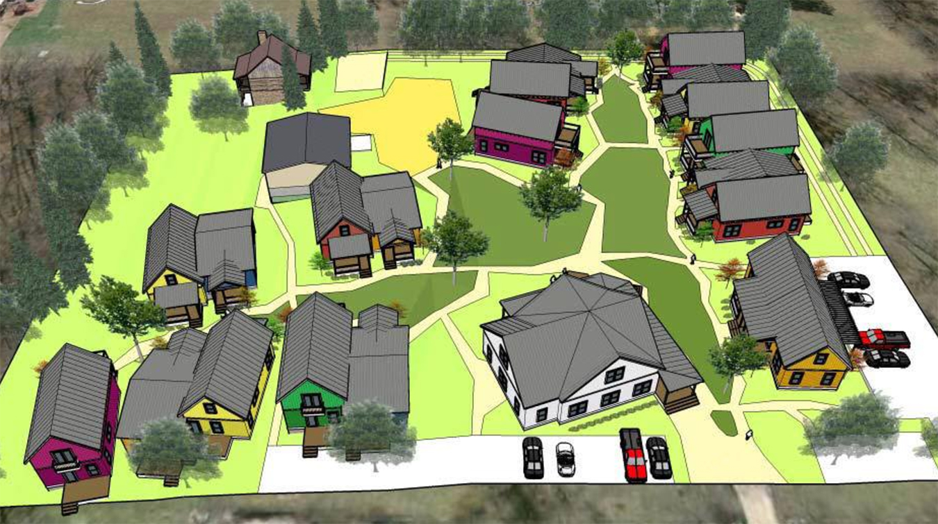 The Bloomington Cohousing Project is planning a collaborative housing community on the south side of Bloomington, where homeowners will live in individual houses but share other common amenities. Writer Michael Glab talks to co-founder Marion Sinclair and builder Loren Wood in his latest Big Mike's B-town. The project has grown significantly since this early rendering was created, with even more amenities designed to foster community, with shared green space, gardens, buildings, and other features. | Courtesy image