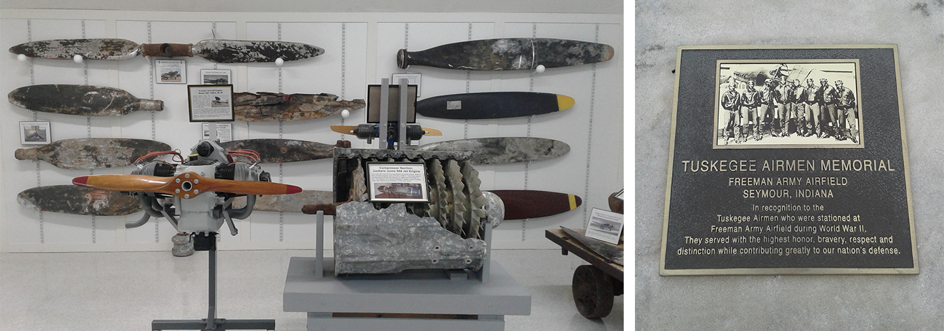 (left) Parts of WWII aircraft that had been brought to Freeman Airfield to be studied. (right) A memorial plaque honoring the Tuskegee Airmen at the site of the Freeman Army Airfield in Seymour. | Photos by Paul Bean