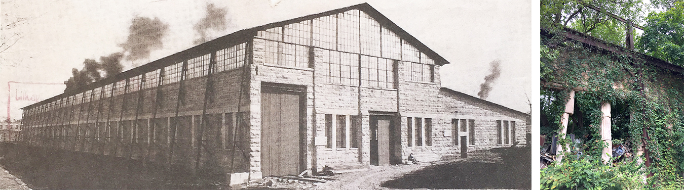 (left) Fulwider worked in the drafting office of Shawnee Stone Company (also known as Central Oolitic Stone Company), located between West 7th and 11th streets on North Rogers, in the summer of 1930. | Photo courtesy Of Bloomington Iron & Metal (right) Remnants of the stone mill can still be seen today. | Limestone Post