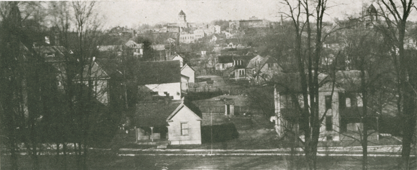 This photo looking north over Bloomington from the roof of Bloomington High School was taken in 1915, just two years after Edwin Fulwider was born. The street at the bottom is 2nd Street between College and Walnut. | Photo courtesy of IU Archives