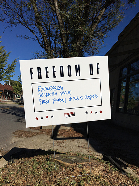 The For Freedoms event at Secretly Group featured various artists’ works with the common theme “On Fear,” along with an opportunity for attendees to register to vote. In early October, yard signs were distributed to interested citizens with “Freedom Of” and “Freedom From” printed on them, along with a blank space for recipients to fill in. More yard signs will be available at the panel discussion and can be picked up at the Economic and Sustainable Development office in City Hall until supplies run out.