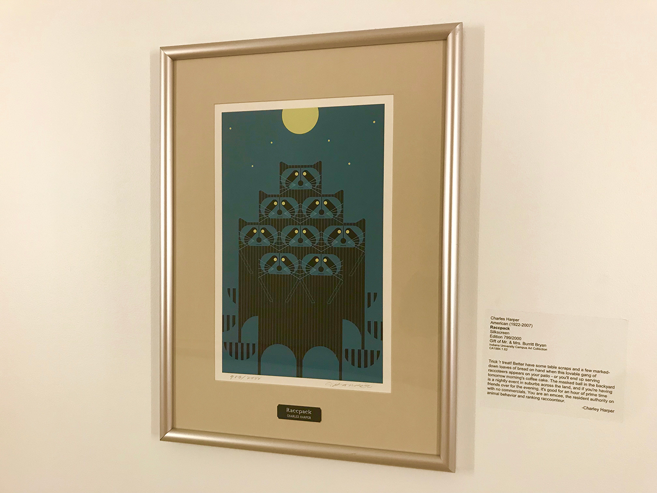 An example of Charles Harper's graphic wildlife illustrations, Raccpack is a silkscreen edition found in the IMU down the hallway to the left of the bowling alley, toward the office of the Dean of Students. | Photo by Samuel Weslch Sveen