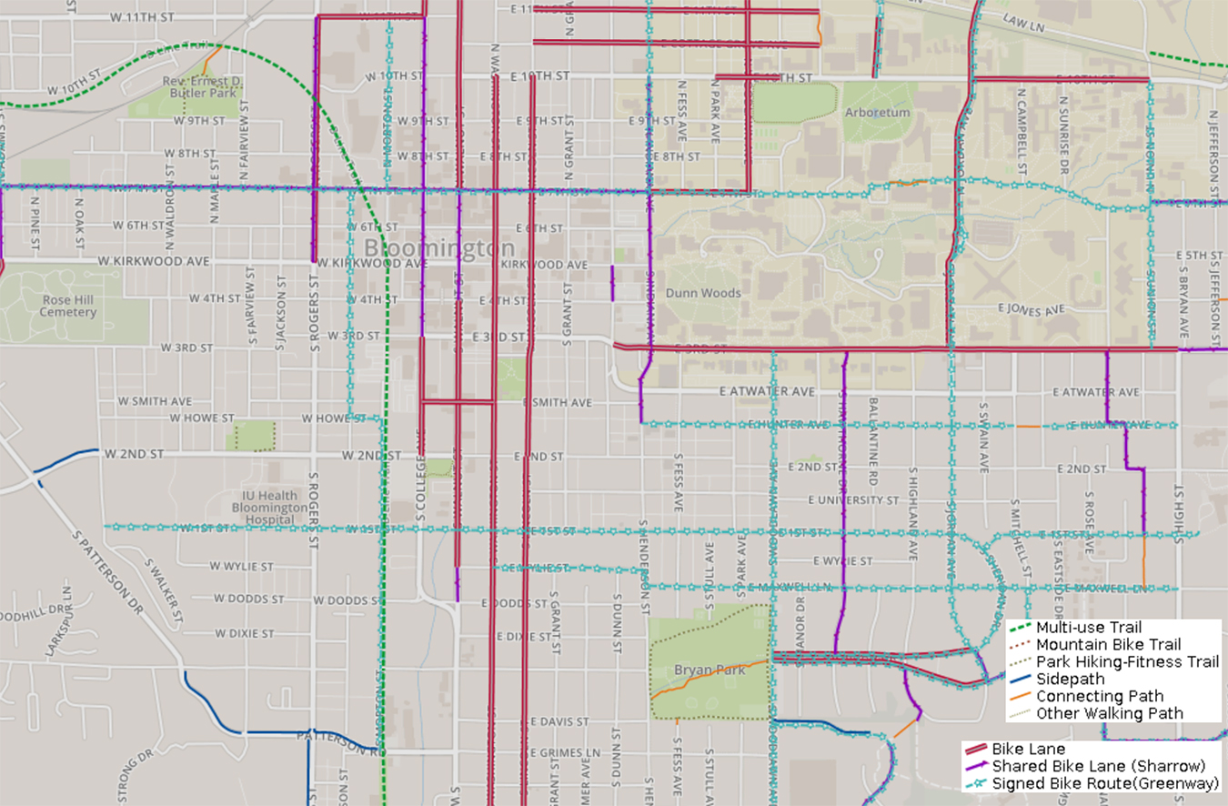 This map from the City of Bloomington shows bike and trail routes in the downtown area. Click here to see the complete version. | Courtesy image