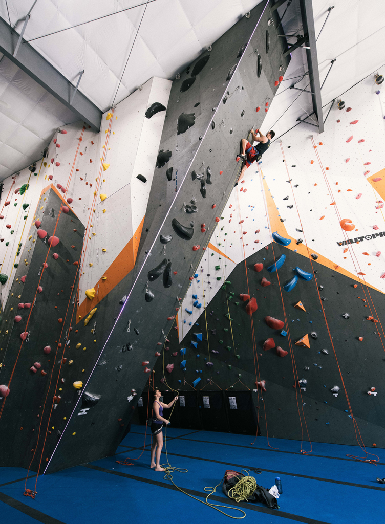 The staff of Hoosier Heights regularly re-work the climbing routes so that the climbing experience is fresh and fun for climbers of all levels. “Creating routes is an art and science,” says General Manager Tyler Bartle.