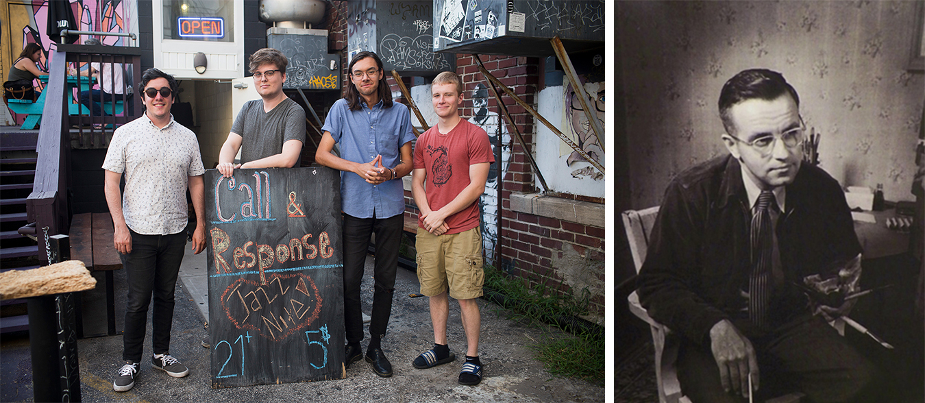 (left) On Wednesday nights at Blockhouse Bar, the Call & Response House Band features local and national jazz artists. From left: Barclay Moffitt, tenor sax, Philip Wailes, bass, Ben Lumsdaine, drums, and Evan Main, piano. | Photo by Chaz Mottinger (right) Edwin Fulwider was born in Bloomington in 1913 and grew up to be an esteemed artist. However, he’s been largely forgotten in his hometown. Fulwider wrote a memoir about growing up in Bloomington in the early 1900s. | Photo courtesy of <a href="http://covingtongallery.com/contact-a-0.htm" target="_blank" rel="noopener">Covington Fine Arts Gallery</a>