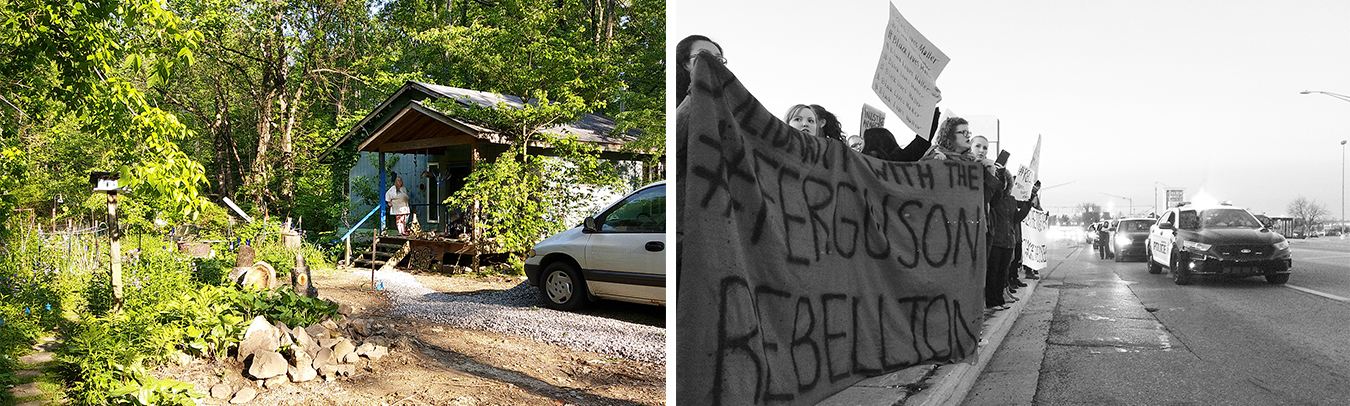 (left) Ann Barlow stands on the porch of her house in Needmore, an intentional community in Brown County, in May 2017. Known in the 1960s and ’70s as communes, places like May Creek and Needmore have had to “bend with the times” to survive, says writer John Mikulenka. And now, as the founding members continue to age, their biggest concern might be finding and keeping the next generation of community members. | Courtesy photo (right) How do people with similar values unite when their methods of action conflict with each other? Writer and organizer Alexandria Hollett says this question is illuminated by “the difference between organizing campaigns on the one hand and symbolic activism on the other.” Pictured here on the east side of Bloomington in 2014 is a Black Lives Matter protest, in solidarity with protesters in Ferguson, Missouri. | Photo by Alexandria Hollett