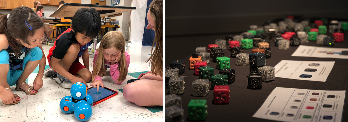 Students in WonderLab's Tech Takeover Hands-On Activity Station learn about computer science and coding through activities with Blockly, left, and Cubelets.