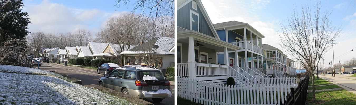 (left) South Washington Street displays the distinct architecture of porches built in the early 1900s. (right) The 2014 houses on South Morton Street, along the B-Line Trail, mirrors the same staccato pattern. | Photos by Harriet Castrataro