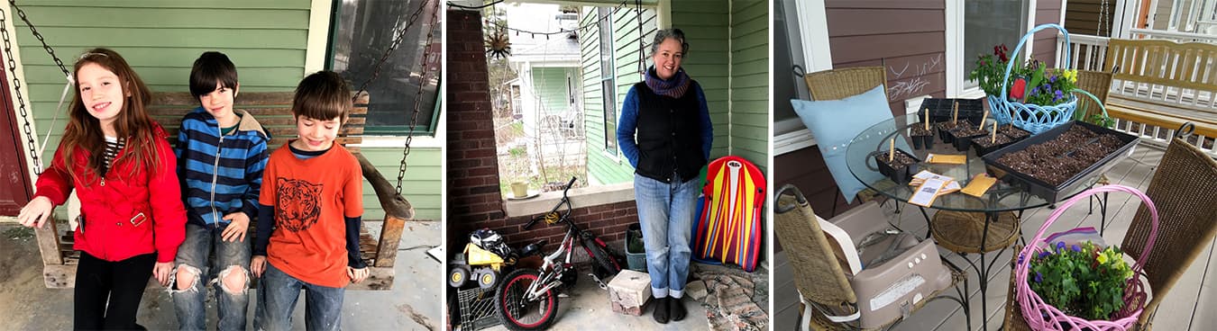 (left and center photos) Leora Baude’s front porch on the Near West Side is a haven for her kids and their toys. (right) The porch of the James Clawson family along the B-Line Trail is an example of how families use modern front porches. | Photo by Harriet Castrataro