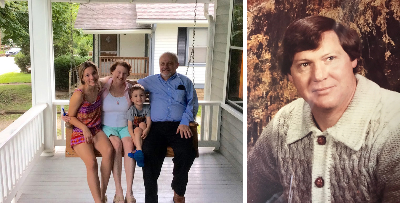 (left) Castrataro says, “Like front porches, swings are liminal, between two states: motion and stillness. And they are great spaces for families and kids. Here I am with my husband and grandkids on our Mefford porch swing.” (right) Vernon L. Mefford, master swing builder and owner of Swings by Mefford, in his earlier years. | Courtesy photos