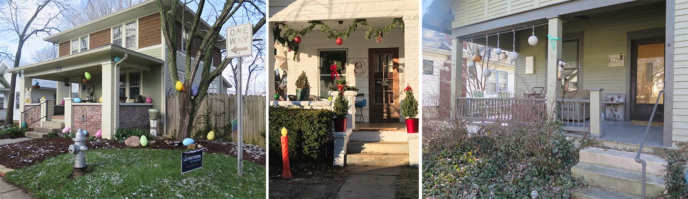 “In Bloomington, we also use our front porches all year-round as a stage to celebrate holidays, the seasons, and our own individual tastes,” Castrataro says. Pictured here are porches that highlight the seasons and the natural world. | Photos by Harriet Castrataro