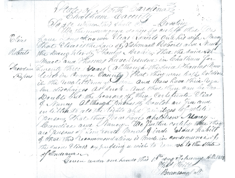 Lick Creek settler Elias Roberts’s freedom papers, also called “free papers.” Roberts once owned 640 acres in three different spots at Lick Creek to help other Blacks settle in the area. See the end of the story for transcriptions of the freedom papers for Elias Roberts and John B. Thompson. | Courtesy image