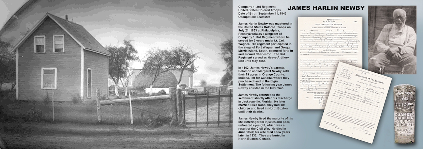 (left) The farm in Canada where James Newby worked until his death in 1928. His property is now the site of the Buxton Museum. (right) This exhibit in the Buxton Museum includes a photo of James Newby’s tombstone, which identifies him as a “Native of Indiana, U.S.A.” | Courtesy photos